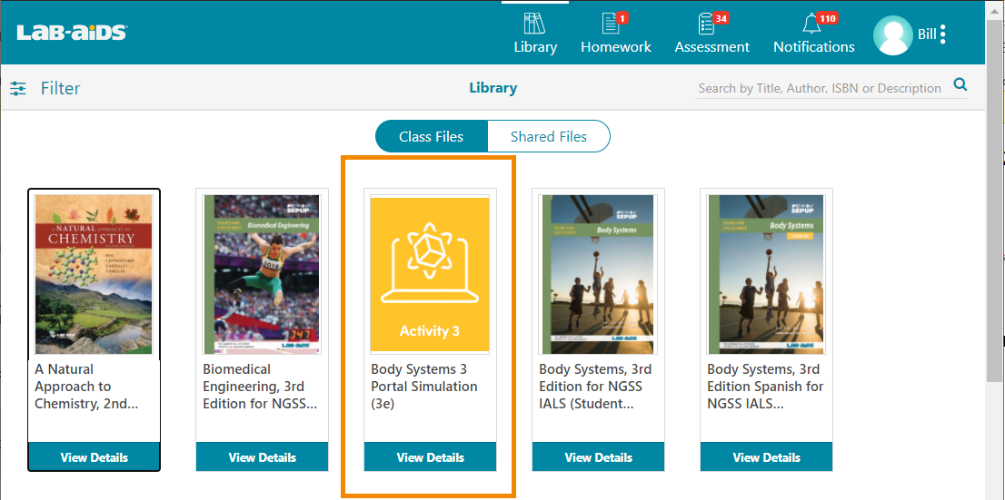 Students log in and will see simulations in their library.
