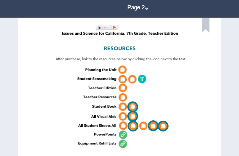From page 2 of each California's Teacher's Edition, click on the orange hotspots for the Spanish student book, Spanish visual aids, Spanish student sheets., and Spanish student sheet sample responses.. 