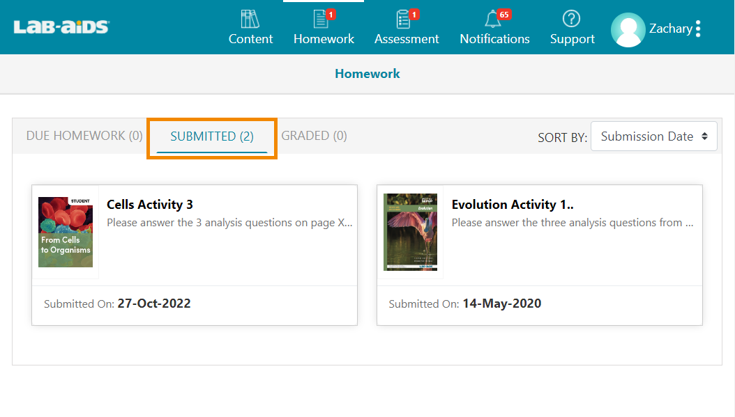 Click the "submitted" menu to view submitted homework that has not yet been graded by your teacher.