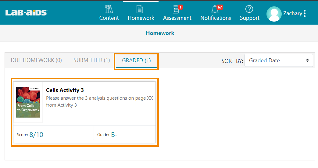 Click the "Graded" submenu to view graded homework. Click on the assignment to view more detail. 