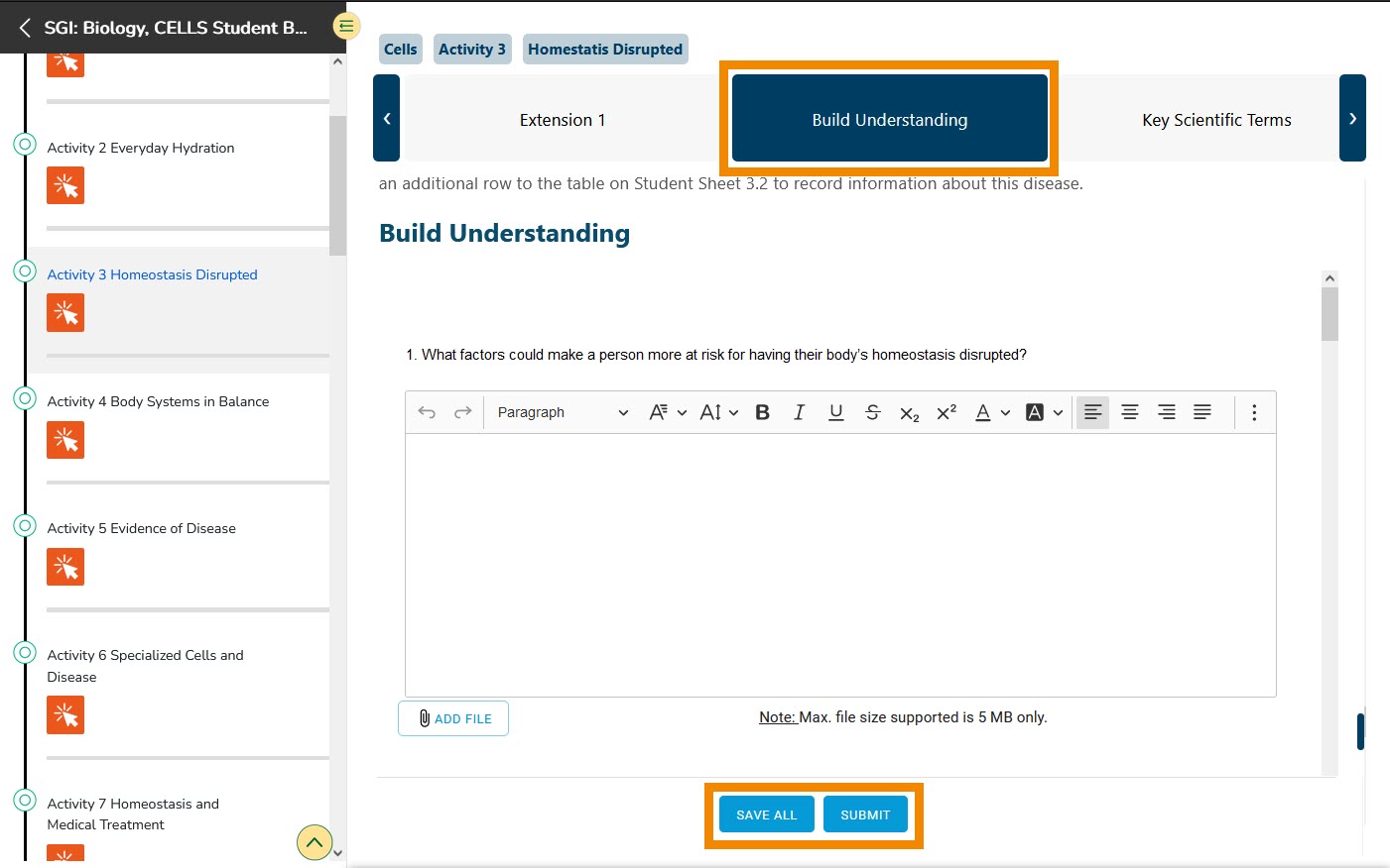 Navigate to the "Build Understanding" header. Enter your responses for each question and click "save all" or "submit".
