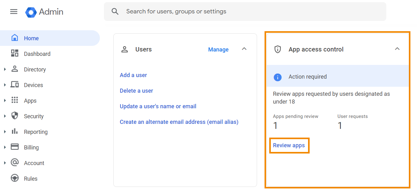 Admin logs into Google Admin Console, under "App Access Control" click "Review apps"