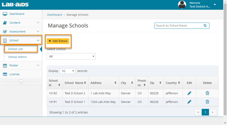 1. School List - Add School