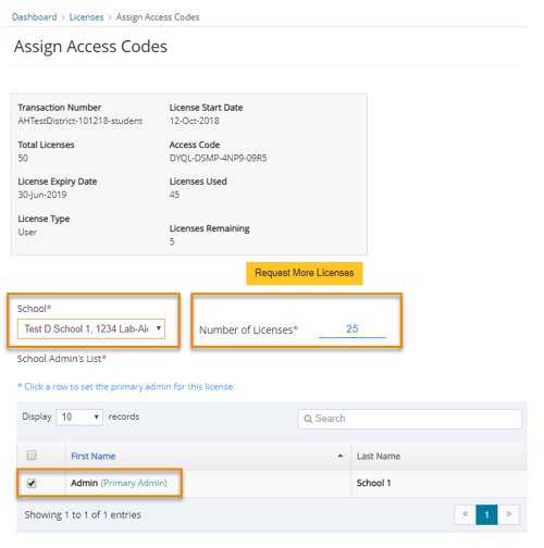 4 B SELECT SCHOOL AND ENTER NUMBER OF LICENSES, MAKE SURE ADMIN SELECTED