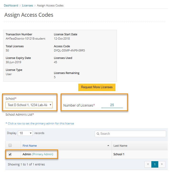 4 B SELECT SCHOOL AND ENTER NUMBER OF LICENSES, MAKE SURE ADMIN SELECTED