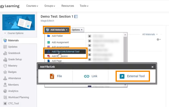 Add course materials external tool