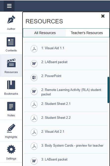 Body Systems Resources menu