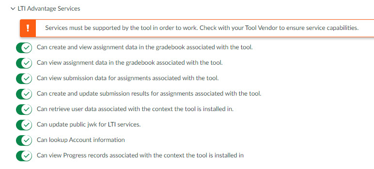 Canvas 3.5 LTI Advantage Services section