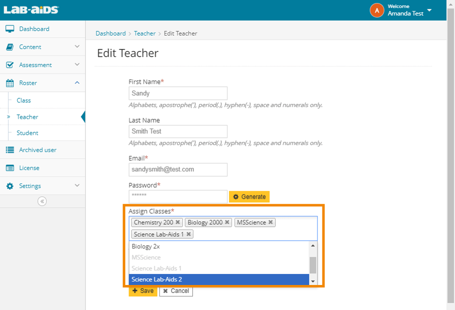 Modify teacher - select a new class