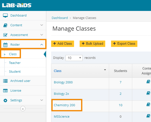 click on roster - class - class name