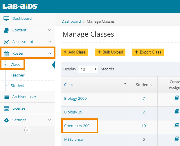 click on roster - class - class name