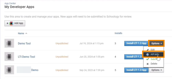 dev apps, options, api info