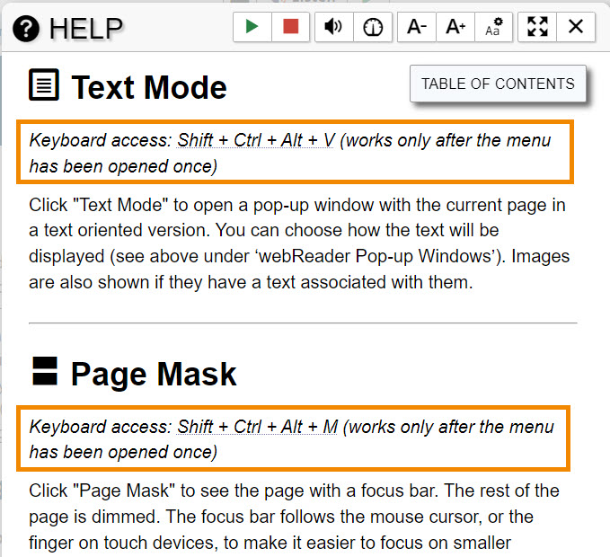 help menu for keyboard shortcuts