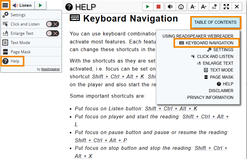 help menu toc keyboard navigation