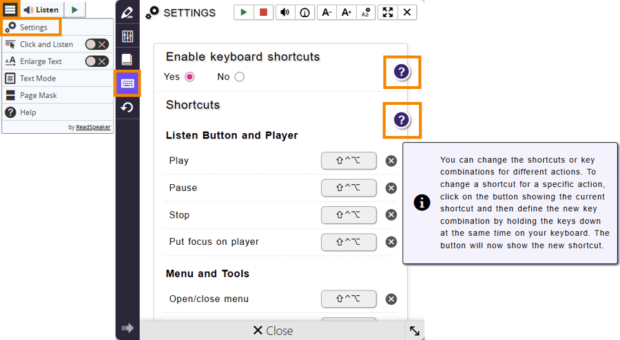keyboard shortcuts settings menu