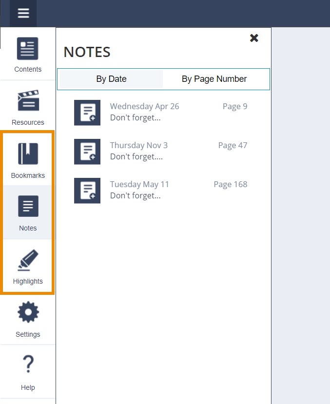notes highlights bookmarks menu