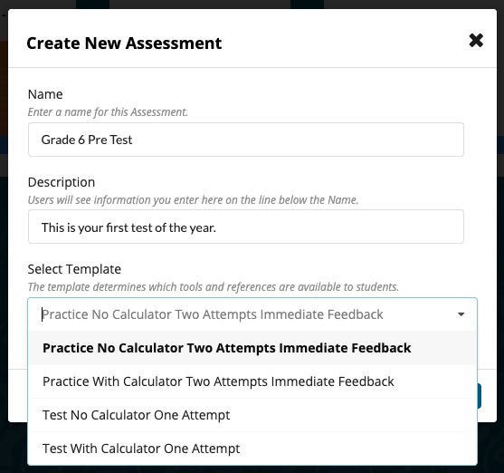 options when creating a new test