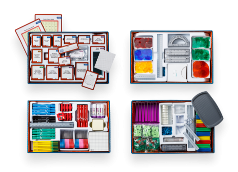 four boxes of highly organized materials to teach Connected Mathematics