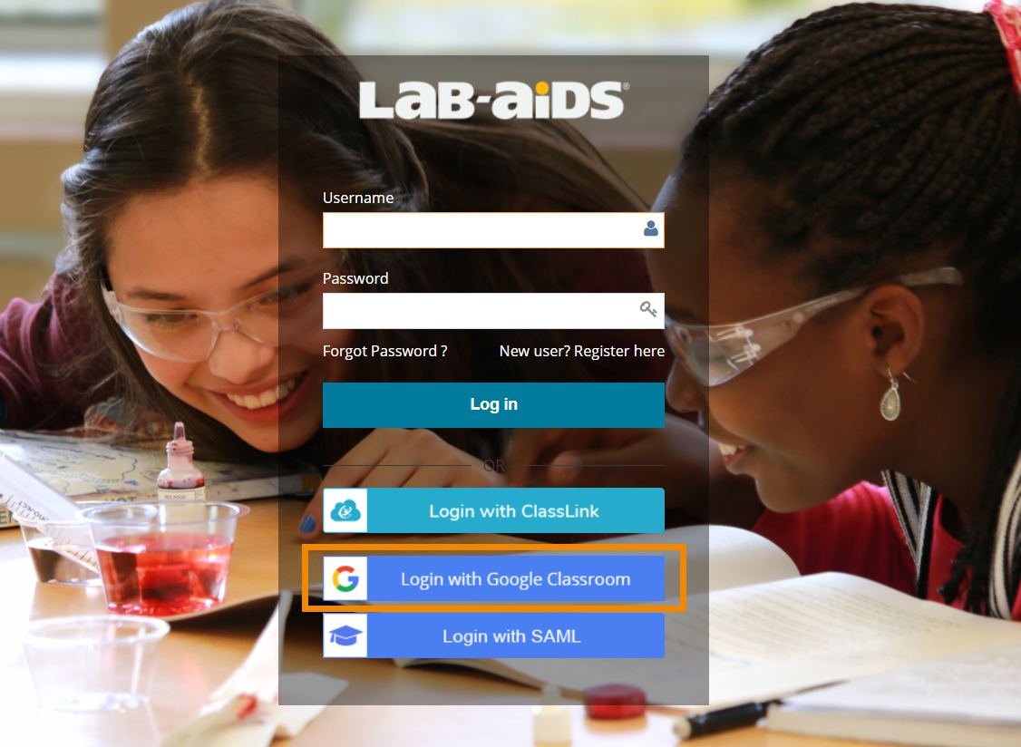 Teachers and students will click the blue "log in with google" button at https://portals.lab-aids.com