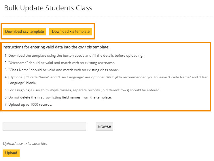 Roster > Student > Bulk Update > Next Screen with template download and instructions