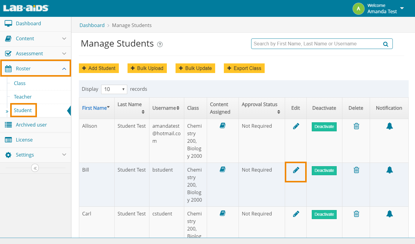 Click Roster > Student, and then click the "Edit" button. 