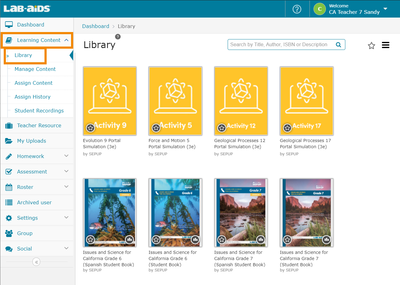 View the student products by clicking on Learning Content, and then Library.  Portal Simulations are in yellow, and student books are labeled with their respective grade.