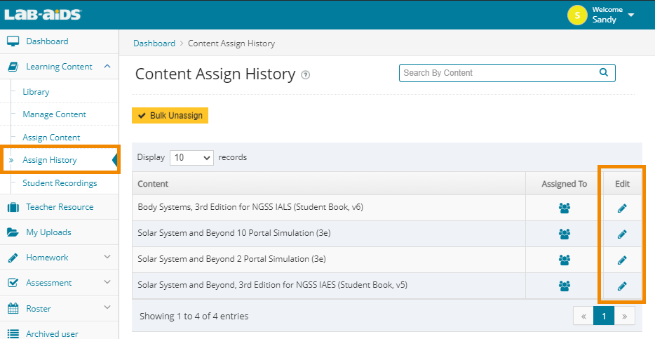 Click "Learning Content" > "Assign History" to see the books/simulations previously assigned to students.