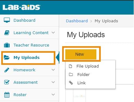Click "New", choose from File Upload, Folder, or Link