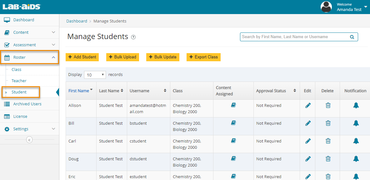 Click Roster > Student from the left-hand menu. 