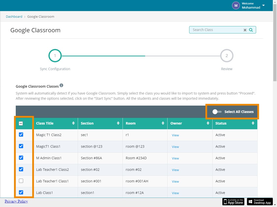 Select class checkboxes to select individual classes to sync, or select the "Select All Classes" to sync all classes on your domain