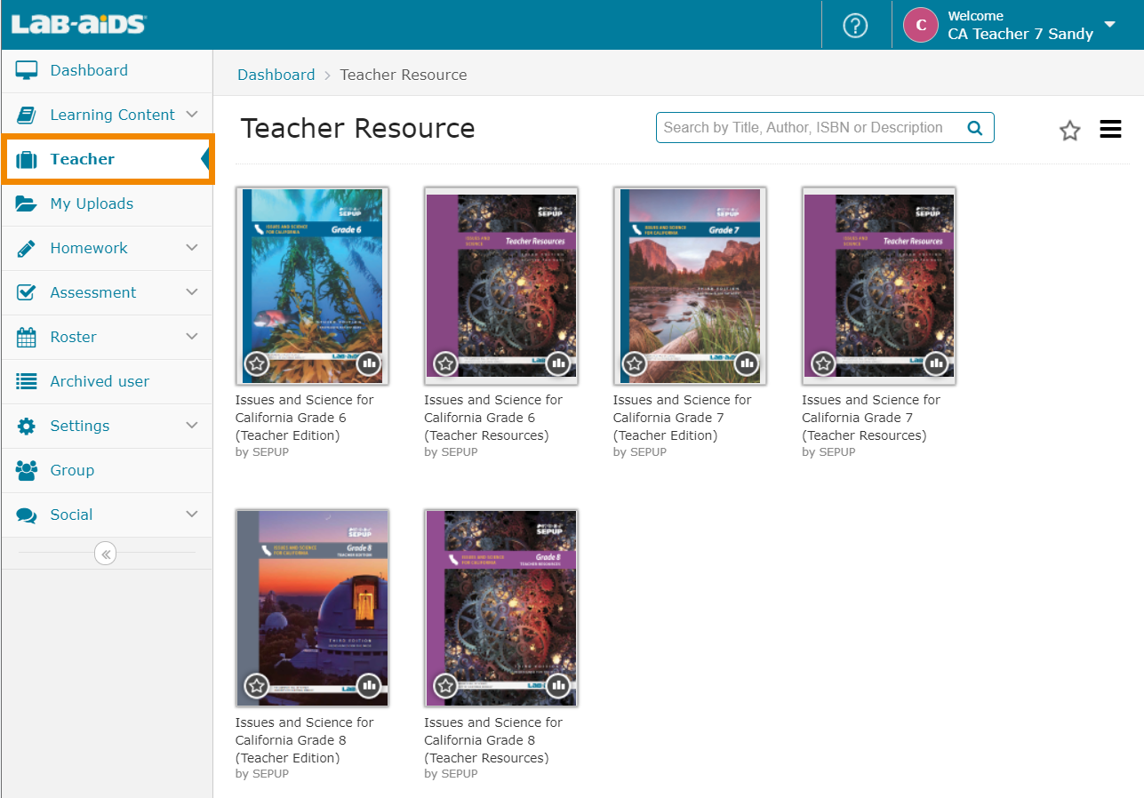 View teacher content by clicking on the Teacher Resource menu.
