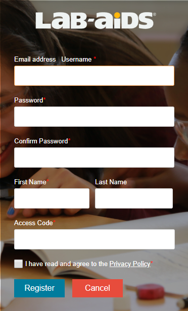 Screenshot showing the "new user? register here" screen. first name, last name, username, access code, etc.