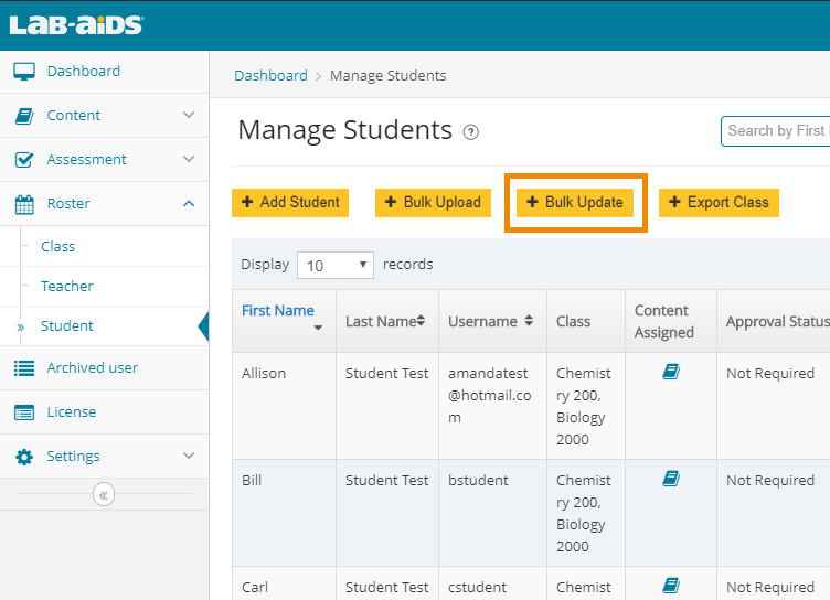 Roster > Student > Bulk Update