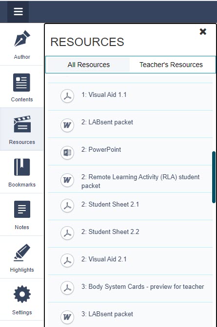 Resources > Documents displays downloadable documents labeled by activity number. 