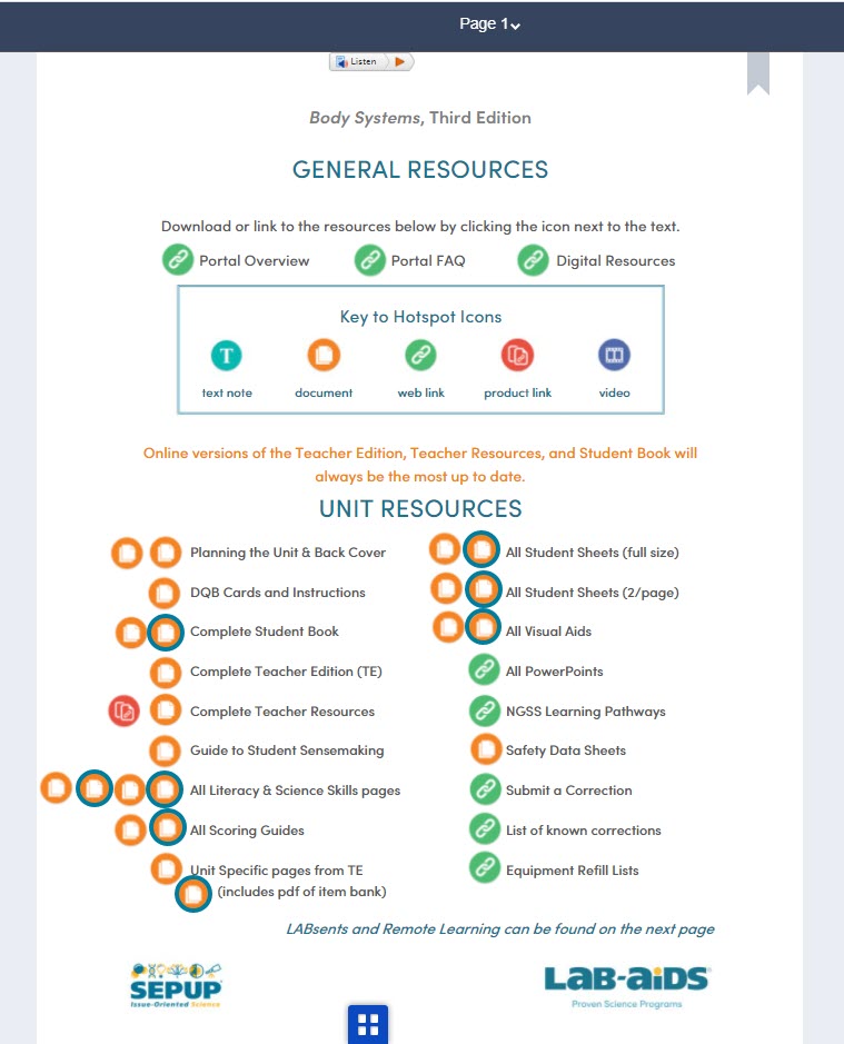 Spanish hotspots are located next to the English hotspots on page 1 of each Teacher Edition.