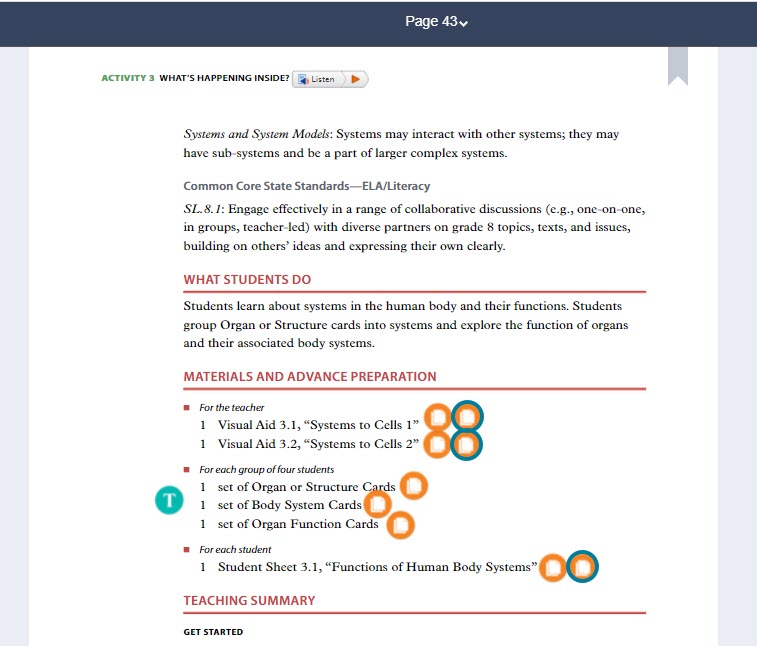 Spanish student sheets and visual aids are located within each activity under the "Materials and Advanced Preparation" section next to the English hotspots.