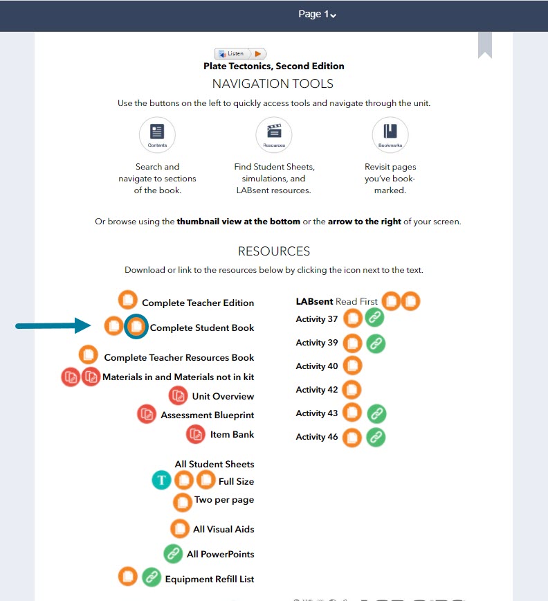 From page 1, click on the orange hotspot to the right of the English student book to download the Spanish student book.