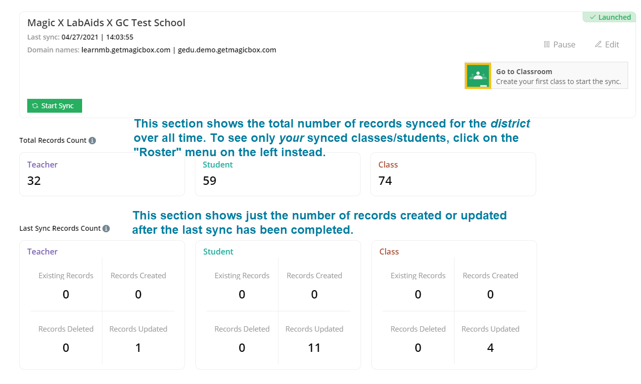 "Total records count" shows total records synced by the entire district. To see only YOUR synced classes/students, click on the "Roster" menu on the left. "Last Sync Records Count" shows the records created/updated after the last sync has been completed. 
