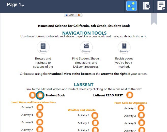 From page 1 of each California student book, click the second hotspot next to "Student Book" to download the Spanish student book PDF. 