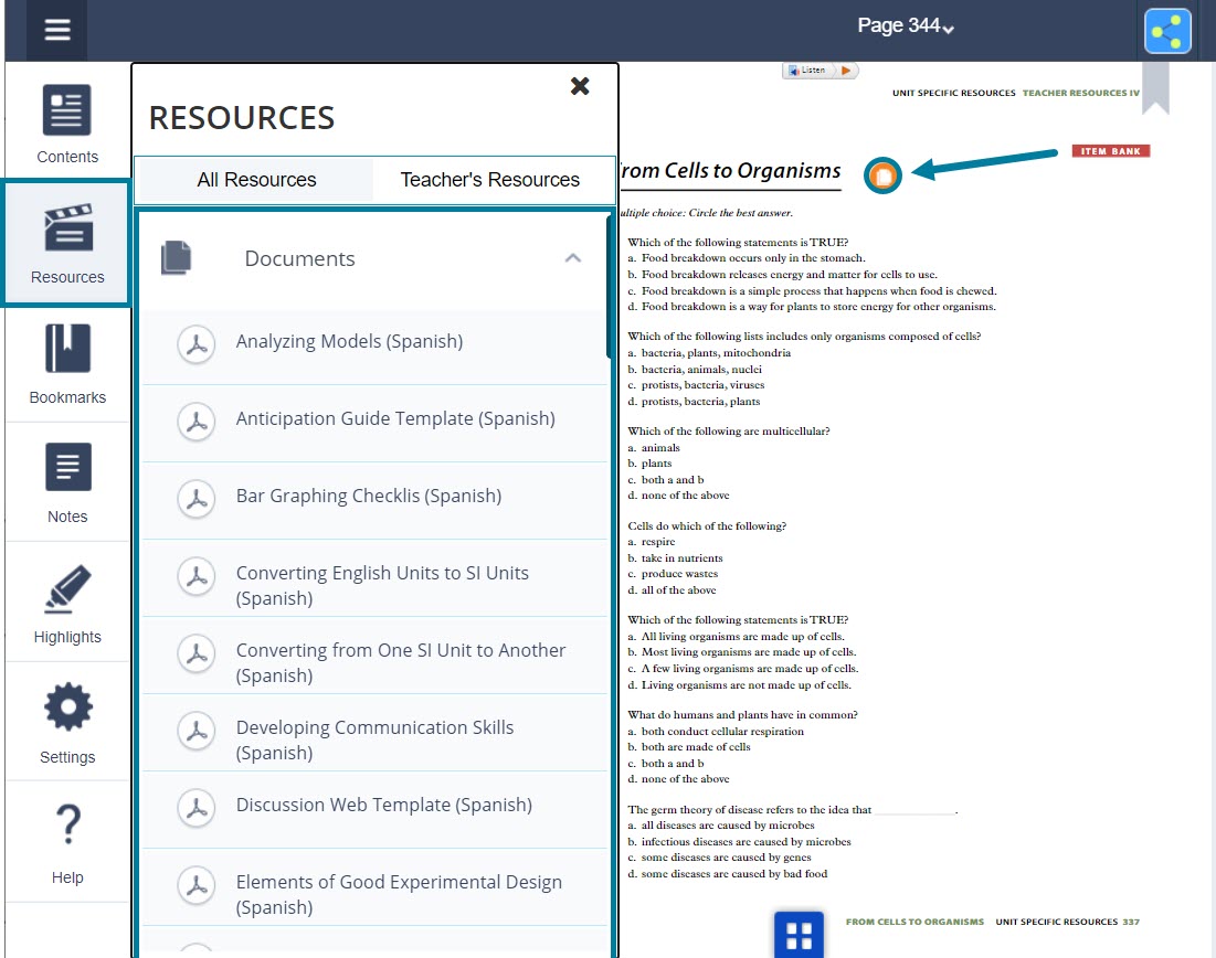 From each California Teacher Resources book, click on the "Resources" menu on the left to view all available Spanish PDF downloads. 