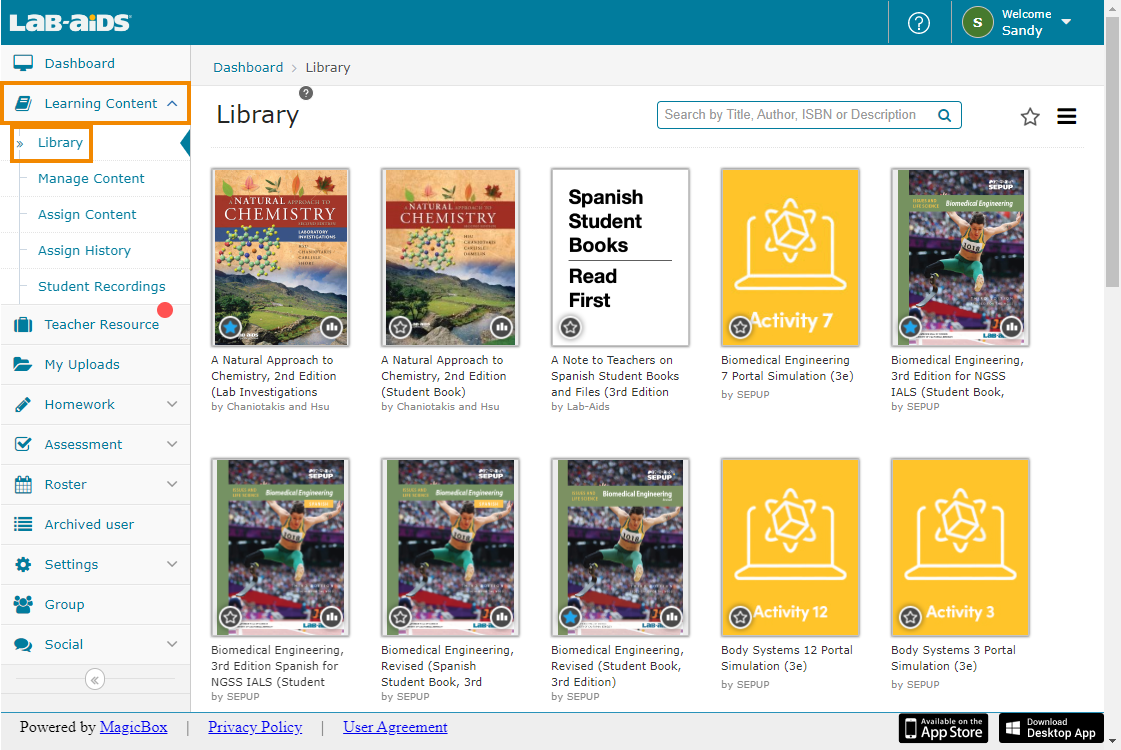 This screenshot shows how to view the student content by clicking on Learning Content, and then Library. 