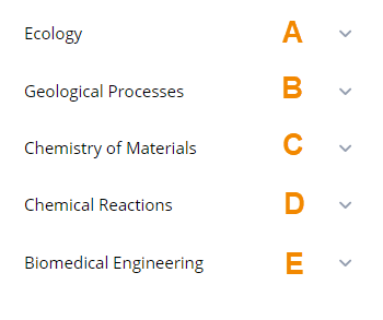 Units are labeled by letters in the order they appear in the table of contents. For CA 7, Ecology is A, Geological Processes is B, Chemistry of Materials is C, etc. 