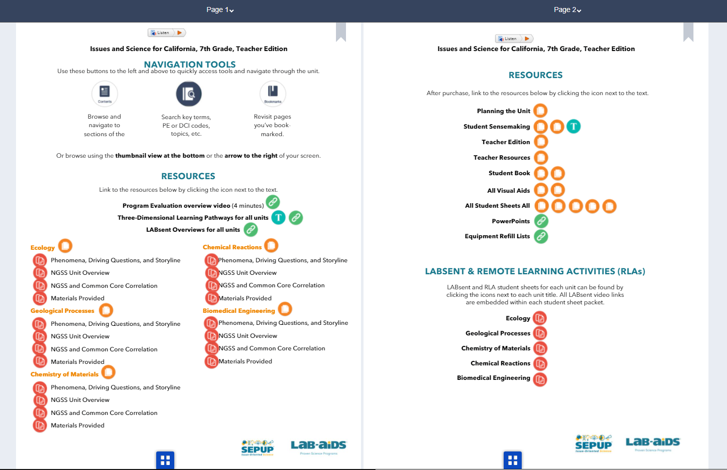 Page 1 contains various unit supports such as overview videos, Phenomena/Driving Questions/Storyline, NGSS Unit Overview, etc.. Page 2 contains PDF downloads for ancillary resources (entire student book, entire teacher edition, all student sheets, all visual aids, etc.) and links to pages containing downloads for LABsents and Remote Learning Activity Packets. 