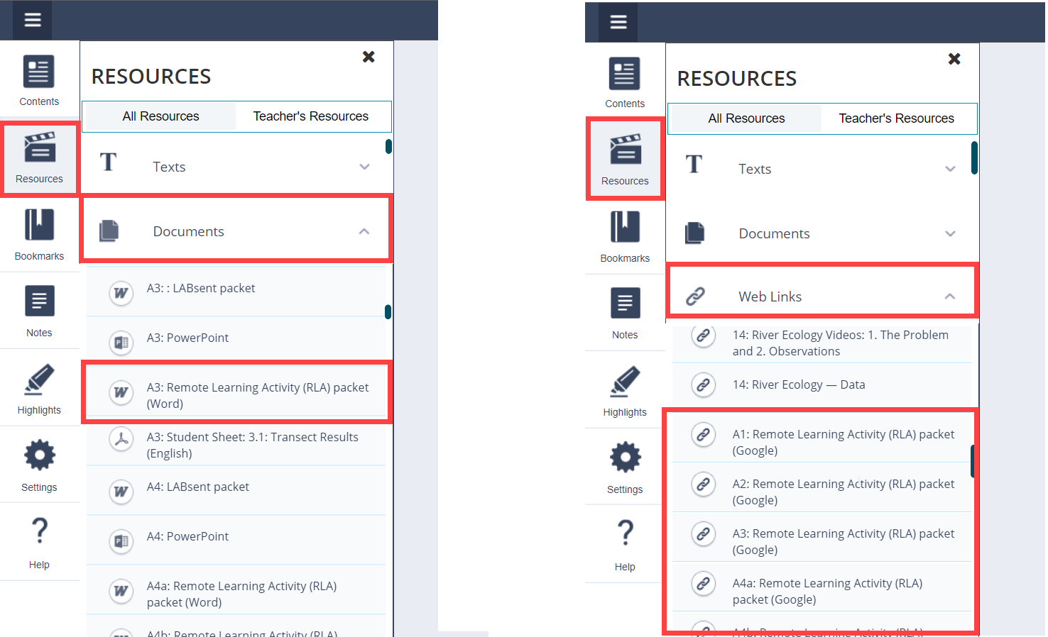 Click the Resources > Documents menu to find Word RLAs, and click Resources > Web Links to find Google Doc RLAs.