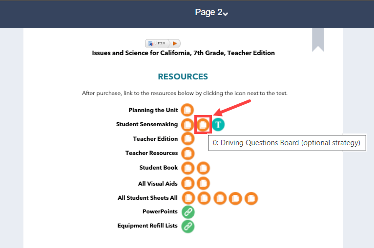 From page 2 of the Teacher's Edition, click on the second orange hotspot next to the "Student Sensemaking" section.