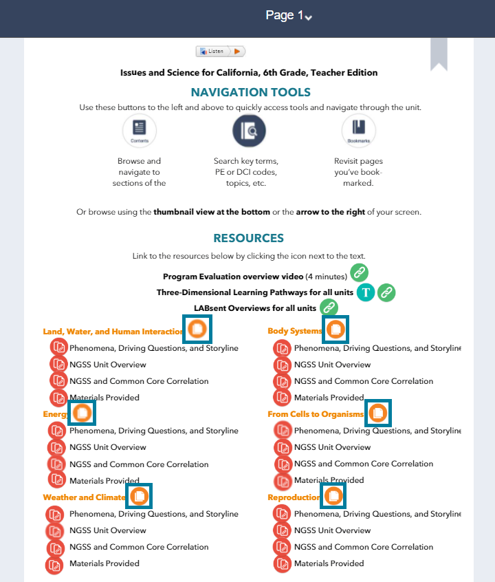 From page 1 of each California Teacher's Edition, click the orange hotspot next to each unit title to download a PDF of all unit-specific pages. This PDF will contain item banks both with and without answers. 