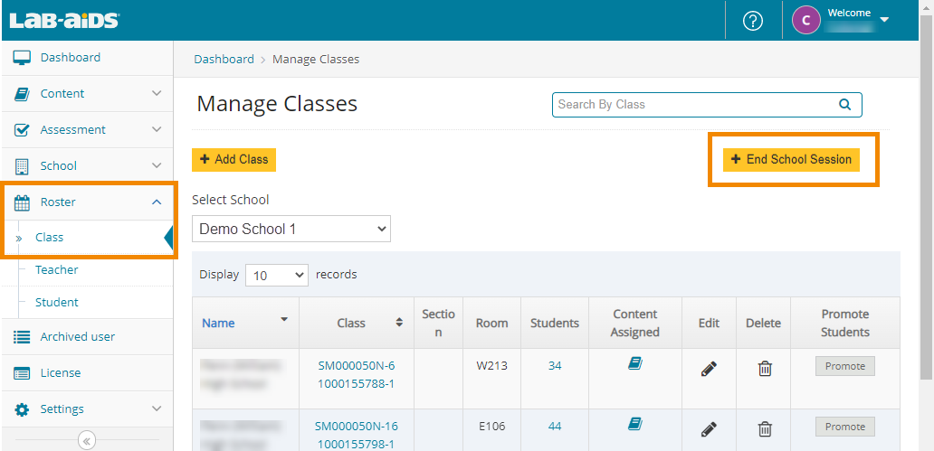From Roster > Class, select the school from the dropdown and click "End School Session".