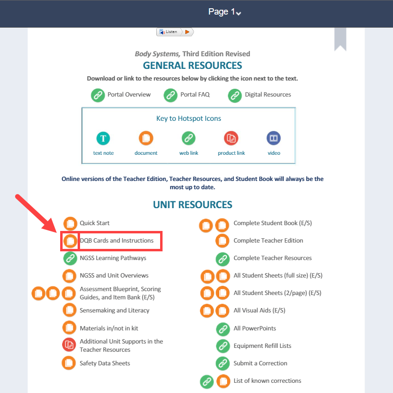 From page 1 of each Teacher's Edition, click on the orange hotspot next to "DQB Cards and Instructions". 