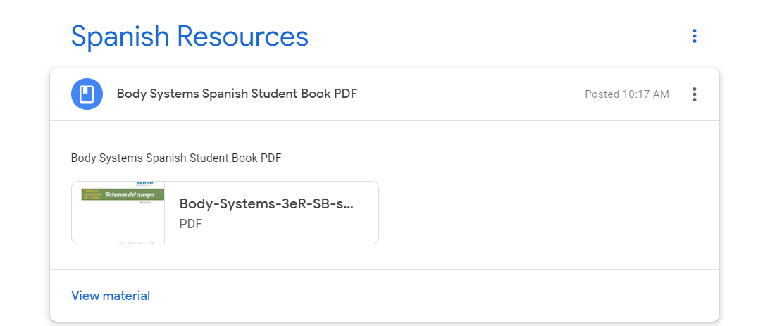 Teacher downloaded the Spanish student book PDF and posted it under the topic "Spanish Resources" for students to access.