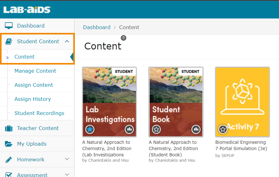 View student content by clicking on Student Content > Content.